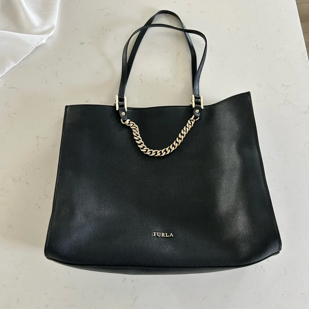 Furla Chain-link Black Saffiano Leather Tote - Picture 1 of 11